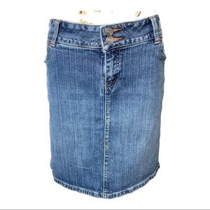 𝅺CHADO Distressed Blue Denim Jean Skirt 5 Pockets Back Slit Size Large